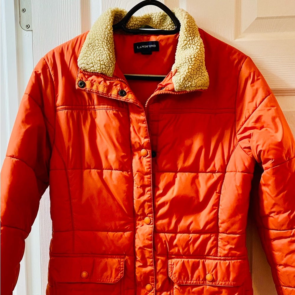 Lands' End Orange Ski Jacket with Cream Collar
